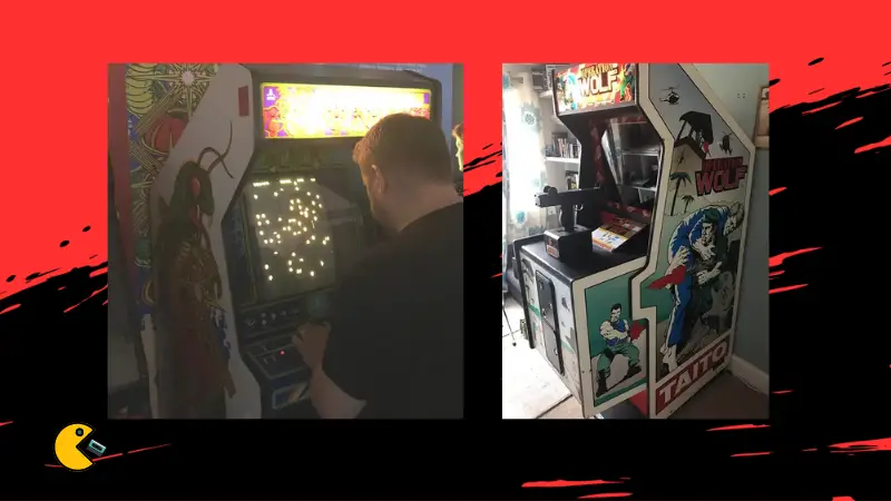 Darren playing an original Centipede arcade cab and the Operation Wolf Cab he bought in 2018.